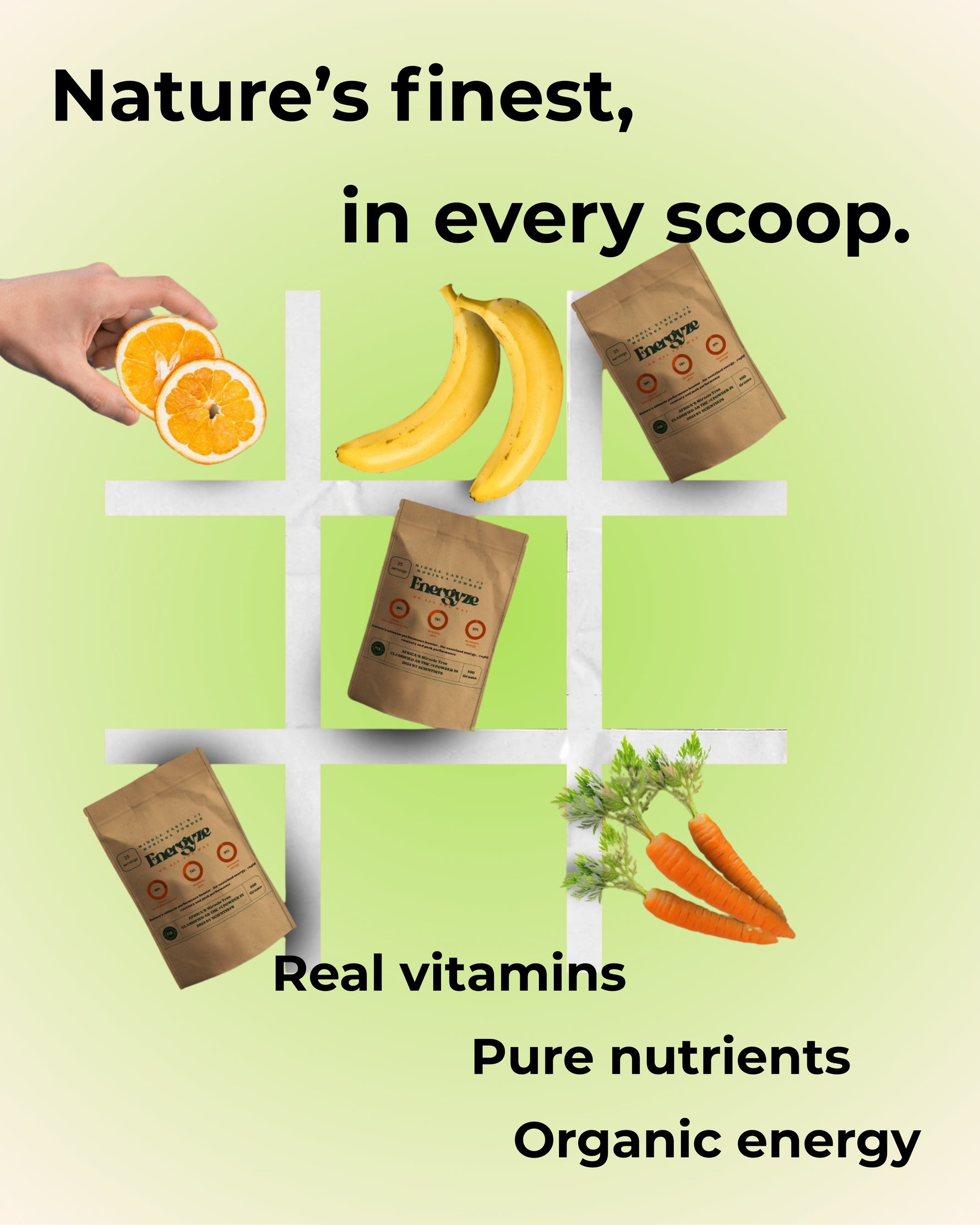 Tic-tac-toe game with nature-themed elements and Evergreen brand packaging on a light green background.