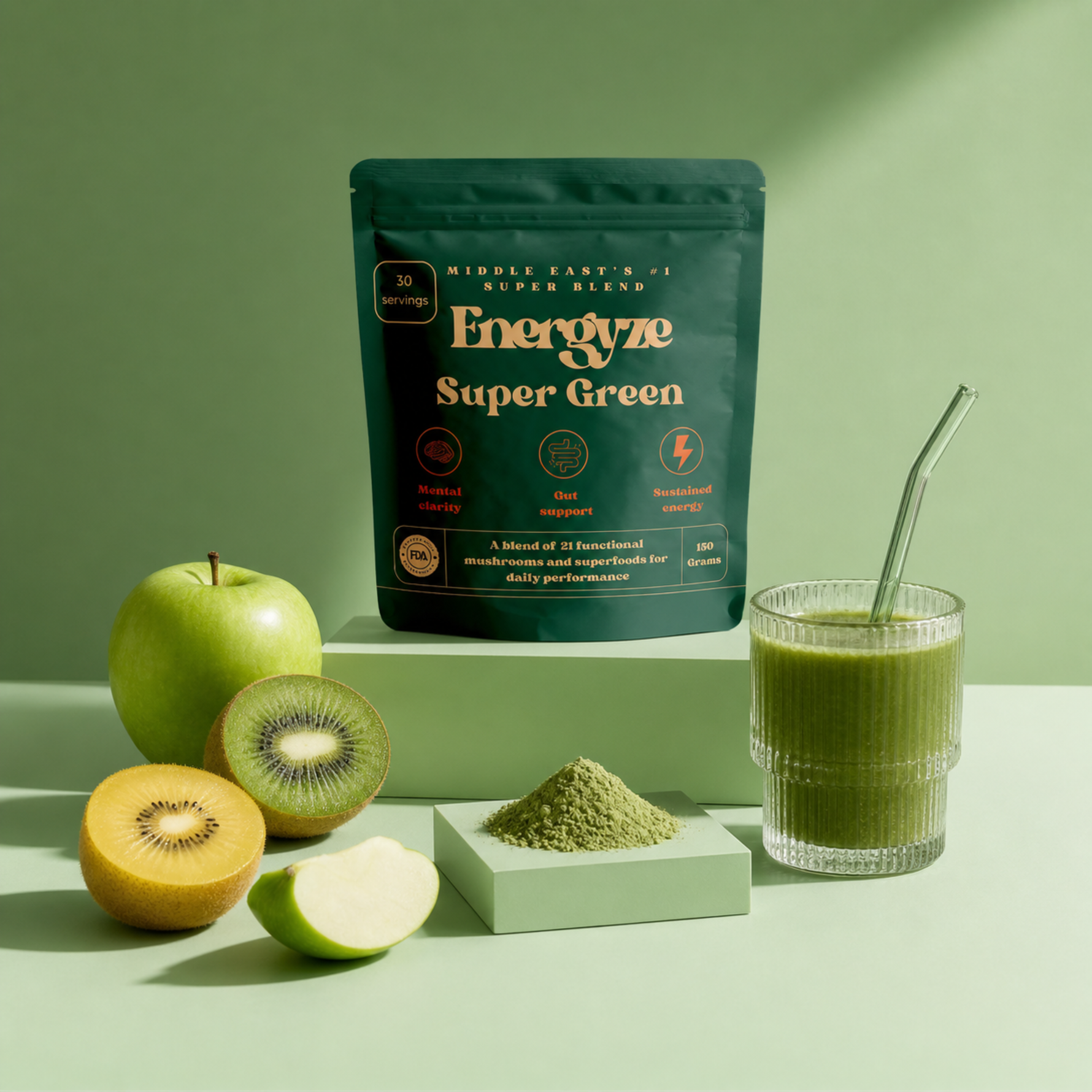 Energyze Super Green powder pouch with a glass of green juice, green apple, kiwi, and powder on a green background