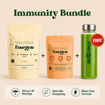 Energyze Immunity Bundle promo with two moringa powder pouches and a free green smoothie bottle plus benefit badges on a beige background
