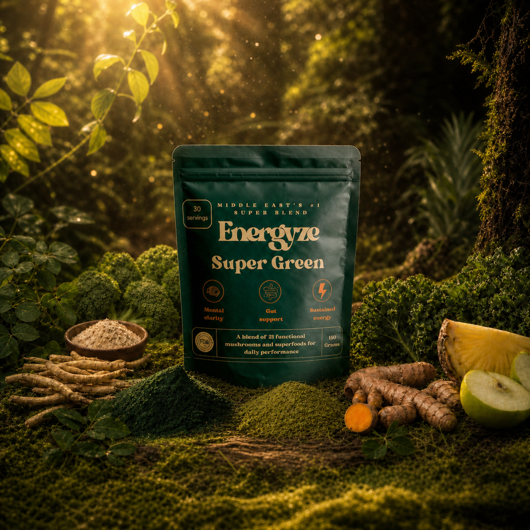 Energyze Super Green powder pouch in a sunlit forest setting surrounded by turmeric root, green apple, broccoli, kale and moringa root