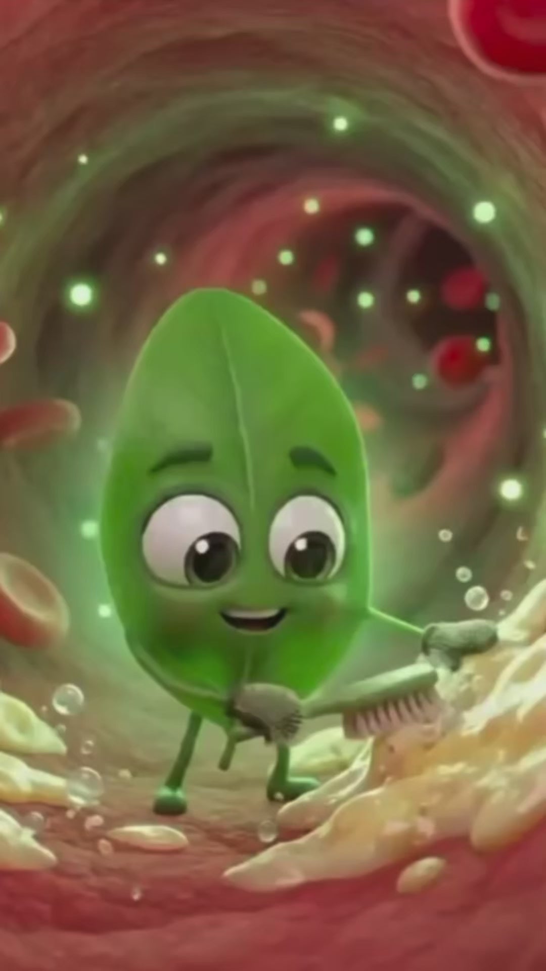 Animated Energyze moringa leaf character cleaning inside a blood vessel, illustrating moringa's circulatory benefits